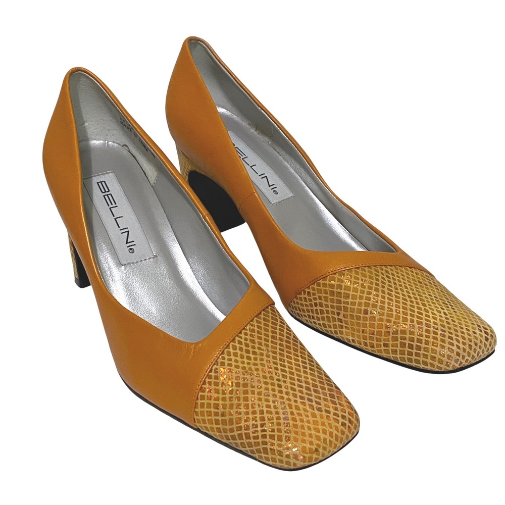 Vtg 90s‎ Y2K Bellini Mimick Square Toe Block Heel Pumps Size 8.5 Eclectic Artsy